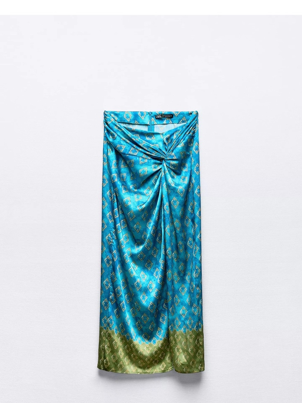 Zara Blue Teal Twist-Detail Sarong Skirt with Green Hem